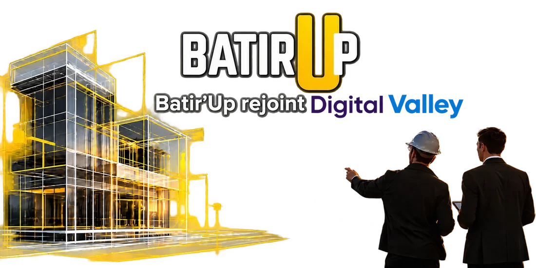 Batir'Up rejoint Digital Valley : bâtiment en filaire jaune et deux silhouettes
