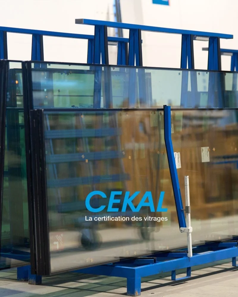 Vitrages sur chevalet bleu et mention CEKAL, la certification des vitrages